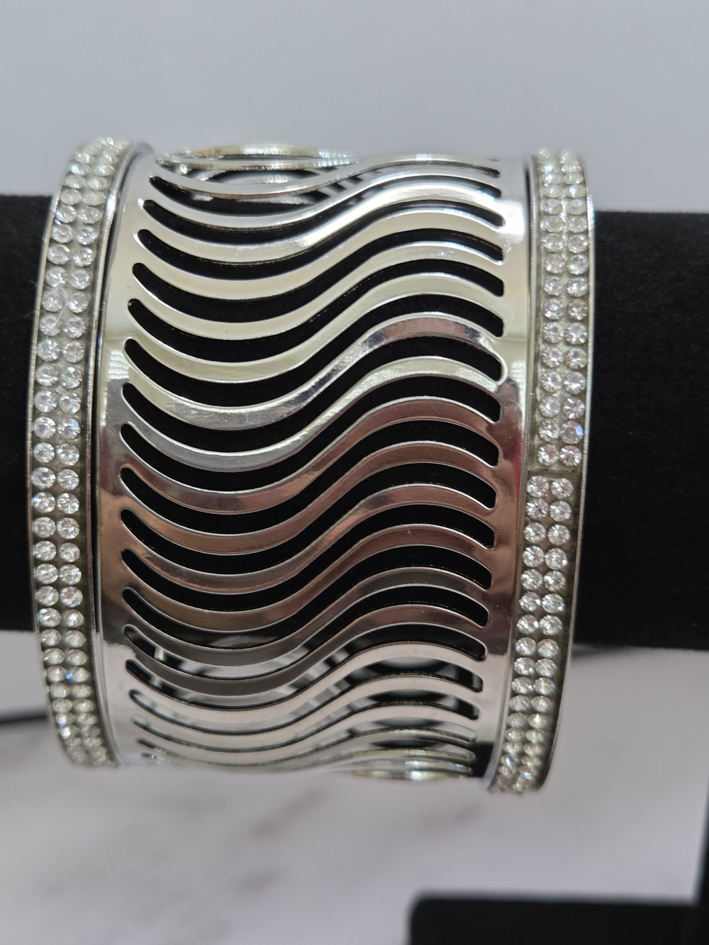 Silver Tone Wide Cuff Bracelet Clear Rhinestone Wave Cutout Open Bangle